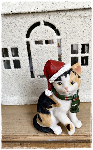 Lieve poes met kerstmuts op, ze is 10 cm. groot en ze heet Snoesje