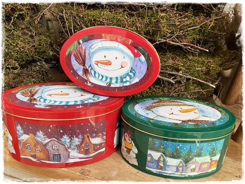 Set van 3 kerstblikken met sneeuwpop en winterstad afb. 15×10, 16,5×11 en 18,5×11,5 cm.