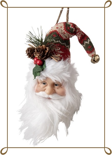Hele leuke kersthanger kerstmanhoofd, met prachtige muts rood groen wit, kerstgroen, denneappels en belletje op muts, 28 cm. lang.