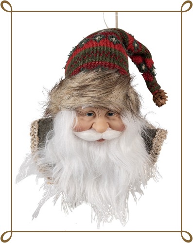 Hele leuke kersthanger kerstmanhoofd, met prachtige muts in de hoofdkleuren rood en groen, beetje wit , mooie kraag en denneappel op zijn muts, 28 cm. lang.