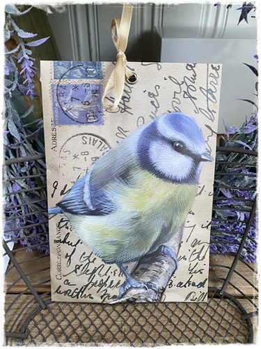 Geurzak met lintje, 17 x 11,5 cm. afm. schattig vogeltje op briefpapier