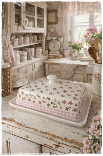 Een prachtige romantische botervloot van porselein met lieve roosjes en roze ruitrand