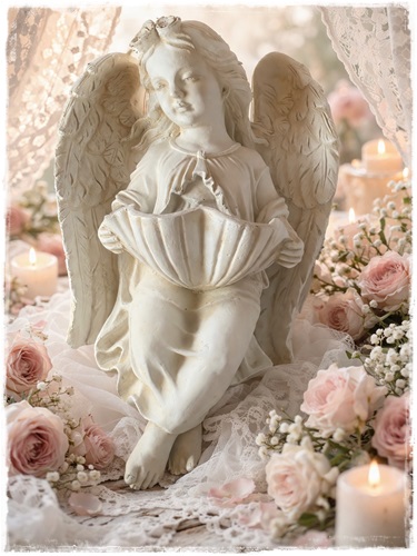 SALE! Prachtige mooie grote wand/muurengel XXL met wijwaterbak in handen, afm. 82 cm. groot x 57 cm. breed