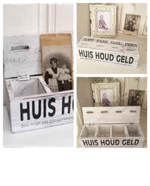 Zoals het vroeger was, HUISHOUDGELDKISTJE van hout met 4 vakken, wit brocante, 29 x 8 x 9 cm.