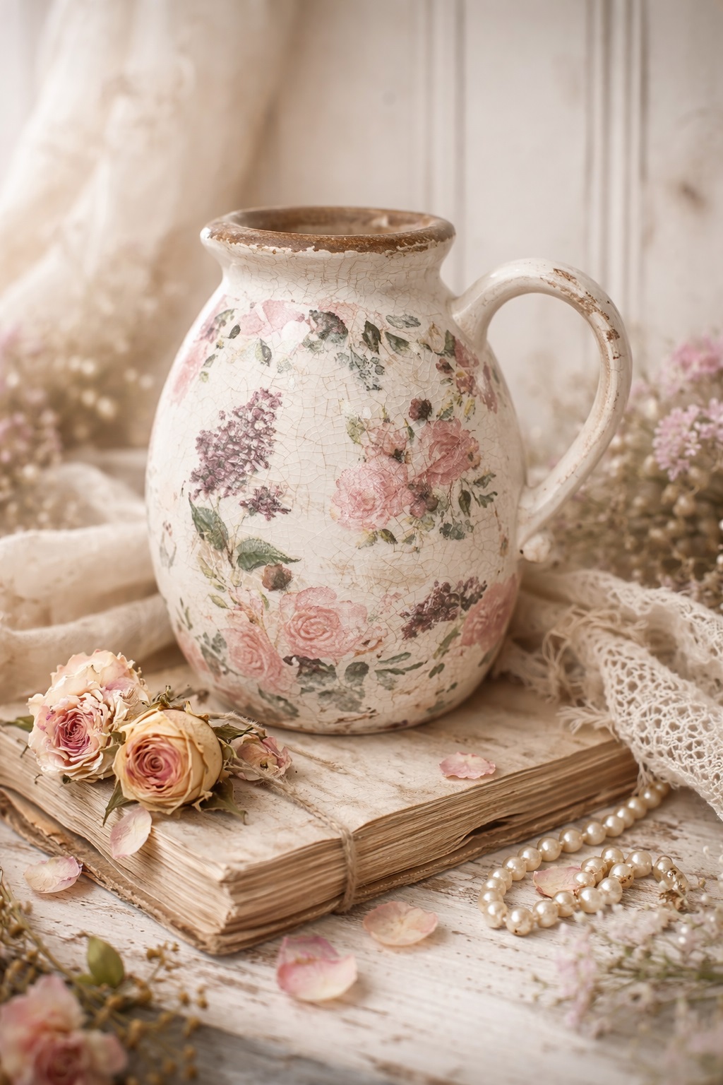 Decoratiekan/kruikje , zeer oude look met roosjes van keramiek