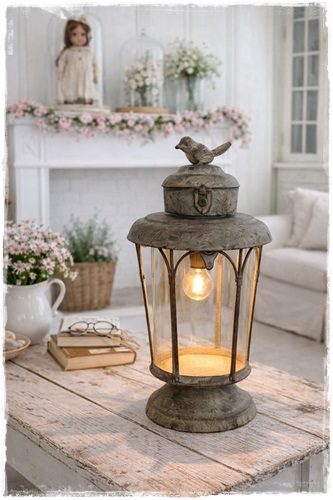 Oude look ledlantaarn op voet met vogel bovenop roest 32 cm hoog