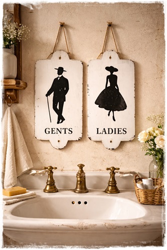 Set van 2 Prachtige zware metalen borden, per bord 28 x 14 cm. in een zeer oude look Gents en Ladies in victoriaanse stijl