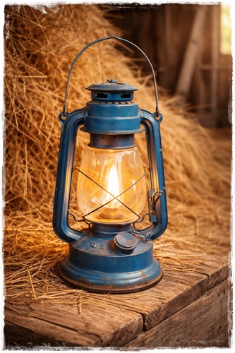 Oude/antieke blauwe stormlantaarn , 32 cm. hoog (zonder hengsel gemeten, doorsnee 13 cm.