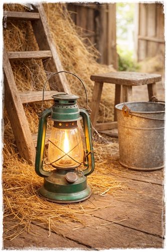 Oude/antieke groen sleetse stormlantaarn , 30-35 cm. hoog (zonder hengsel gemeten).