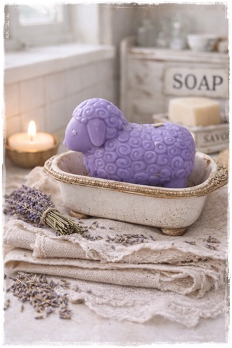 Heel lief en leuk schaapje van zeep (100 gram) paars in de geur lavendel afm. 8 x 7 x 4 cm.