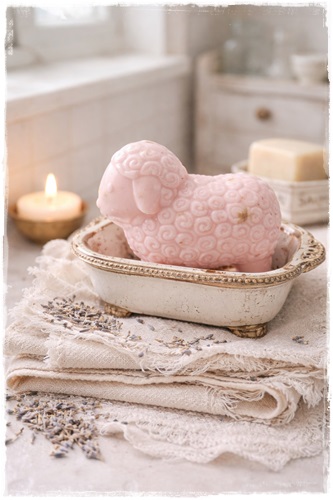 Heel lief en leuk schaapje van zeep (100 gram) roze in de geur rozen afm. 8 x 7 x 4 cm.