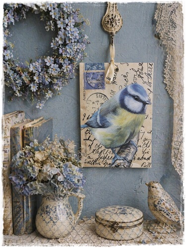 Geurzak met lintje, 17 x 11,5 cm. afm. schattig vogeltje op briefpapier