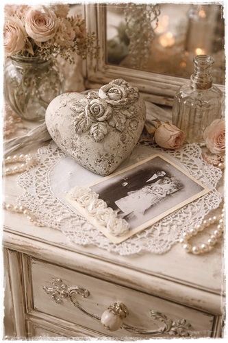 Brocant hart met mooie roos, 13 x 13 cm.