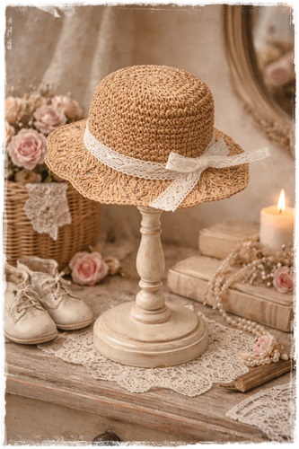 Clayre & Eef kinderhoedje met een mooie kanten strik. Van binnen verstelbaar.