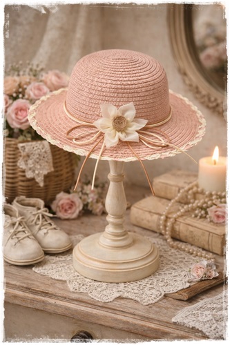 Kinderhoedje in roze/zalm met een mooie bloem