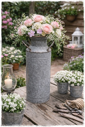 Oude look melkbusmodel van zink hoog 43 cm. doorsnee 15 cm.