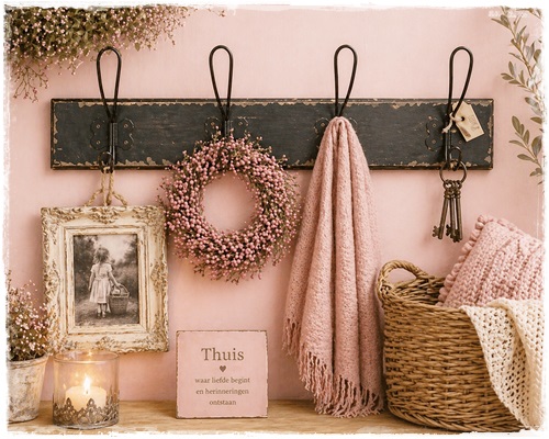 Brocante kapstok van hout en metalen haken, zwart oude look! 60 cm. lang