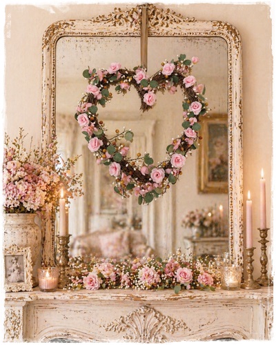 Prachtige grote krans hartvorm met roze rozen 40 x 45 cm.