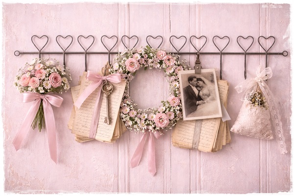 Brocant kapstokje metaal/zink, met veel hartjes en haaksjes 50 cm. lang, elk seizoen iets anders.