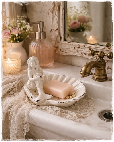 Lief brocant oude look zeepschaaltje zeemeermin 9 x 10,5 cm. en bijna 8 cm. hoog