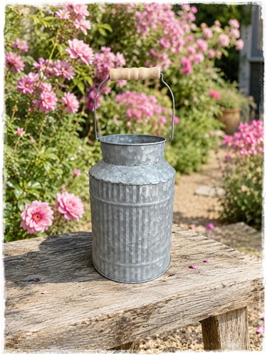 Oude look melkbus met hengsel van zink 24 cm. hoog x 16 cm. doorsnee