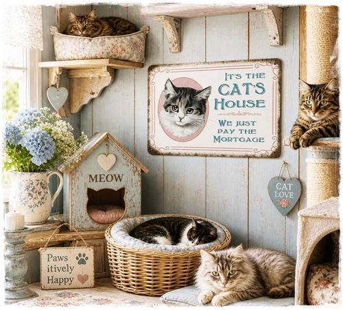 Metalen bordje. Its the cats house , 30 x 20 cm. (het is het huis van de kat , maar wij betalen de huur