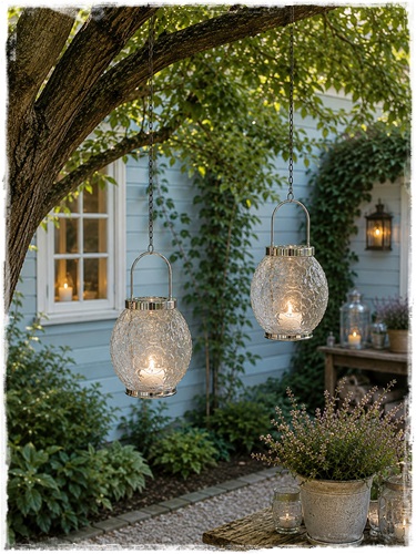 Hele mooie landelijke sfeerlicht/lantaarn aan ketting, 60 cm. lang.