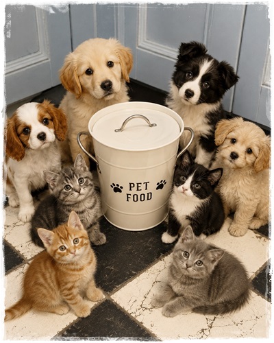 Emaille cremekleurige emmer Pet food met deksel en binnenemmertje 20 x 19 cm. (zie omschr)