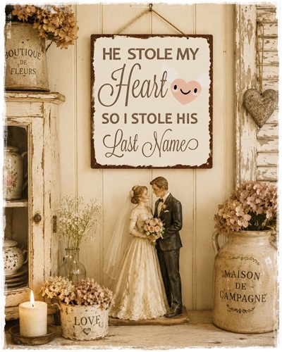 Metalen bord met tekst, He stole my heart, so i steel his last name,afm. 30 x 26 cm.