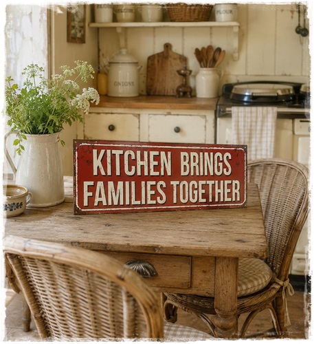 Tekstbord in zeer oude look, Kitchen brings families together, 50 cm. x 20 cm.