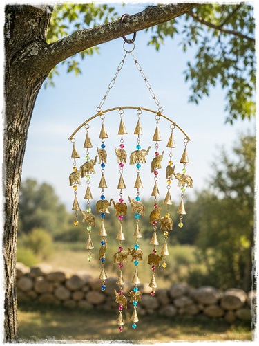 Windgong met olifantenmobiel en gemengde kralen 33 x 68,5 cm.