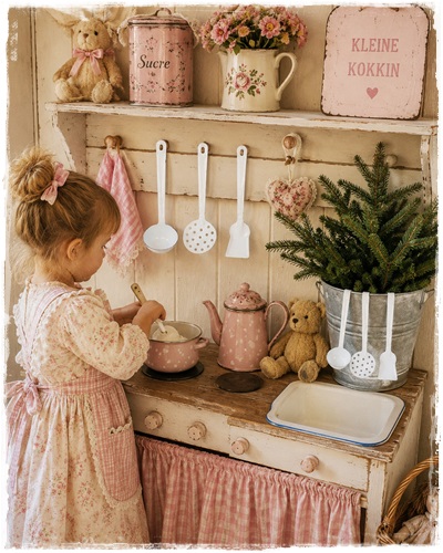 Drie delig emaille setje voor kinderkeukentje of voor decoratie.