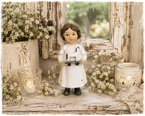 Schattige aandoenlijk engeltje met paardje in haar handjes , polystone (14 cm.)
