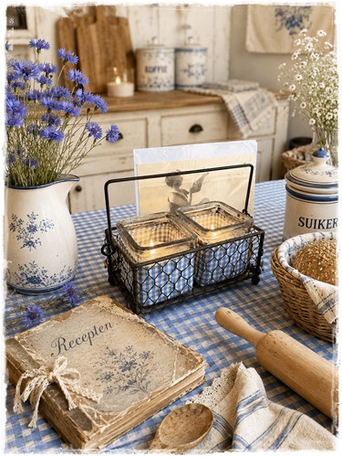 Rekje met hengsel metaal met 2 sfeerlichten waar stof om zit met wit blauw ruitje.