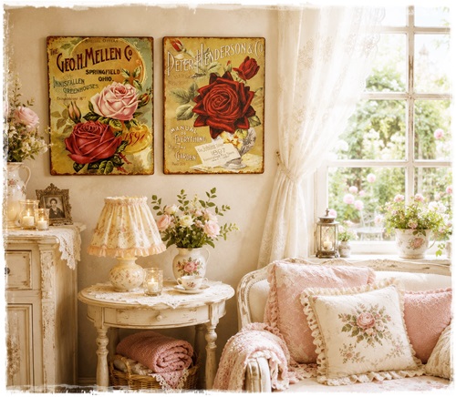 Set van 2 oude look groot metalen borden met romantische rozen. Prijs is per set