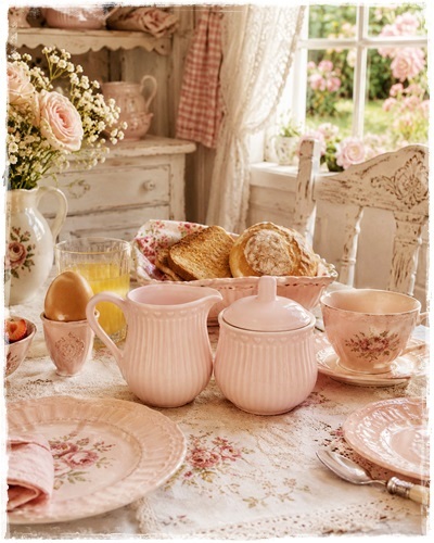 Melkkannetje plus suikerpot met deksel van porselein roze