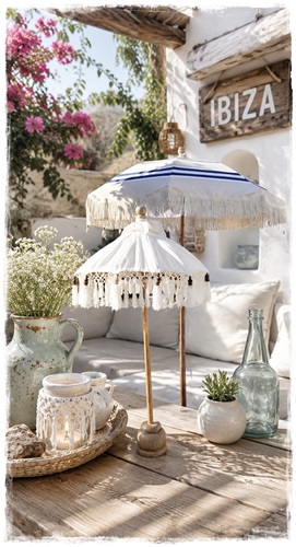 Beach Tafelparasol Ecru parasol met kraaltjes bruin en naturel steel 85 cm hoog en doorsnee parasol 47 cm.