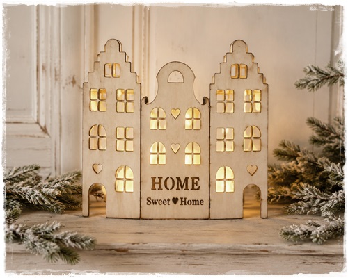 Sfeerlicht van hout in de vorm van 3 grachtenhuisjes Home Sweet Home…