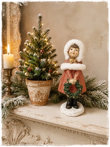 Marja lief kerst/wintermeisje met kransje en een afmeting van 5 x 5 x bijna 14 cm. groot.