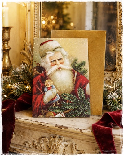 Dubbele victoriaanse grote kerstkaart, 11,5 x 17cm Father Christmas met gouden enveloppe