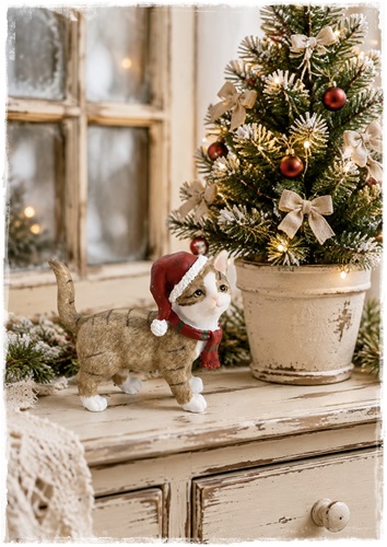 Poes Silly met kerstmuts en dasje , 10 cm. breed x 9 cm. hoog