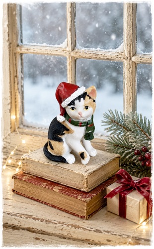 Lieve poes met kerstmuts op, ze is 6,5 x 9,5 cm. groot en ze heet Snoesje