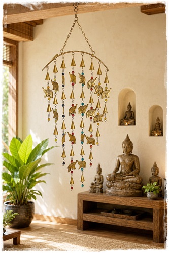 Windgong met olifantenmobiel en gemengde kralen 33 x 84 cm. lang