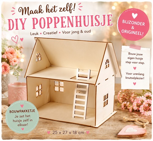 DIY Poppenhuisje maken van triplexhout 25 x 27 x 18cm (bouwpakketje)