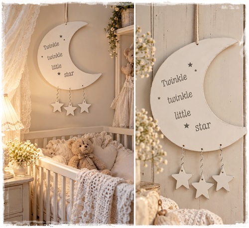 Hele leuke witte maan van hout om op te hangen op de babykamer. Twinkle twinkle little star, 44 cm. groot.